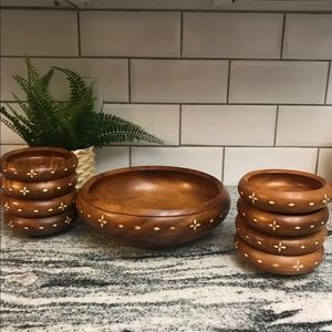 Wooden large salad bowl with 8 individual bowls